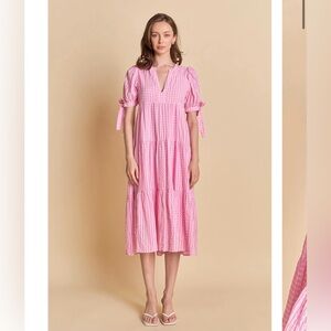 English Factory Pink Tiered Midi Dress with Tie Sleeves